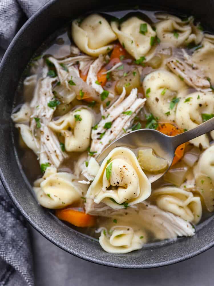 Slow cooker chicken tortellini soup is loaded with chopped vegetables, shredded cooked chicken, and cheesy tortellini all slow-cooked in a flavorfulย chicken broth. It's definitely a dinner the whole family will love! A silver spoon scooping out chicken tortellini soup from a bowl.