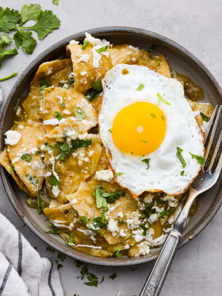 Fried tortilla chips drowning in salsa verde with your choice of toppings make this Chilaquiles recipe irresistible! Serve it with a fried egg and crema on top for a filling breakfast that is ready in minutes. You'll come back to this recipe again and again! Chilaquiles in a bowl with a fork to the side and cilantro in the background.