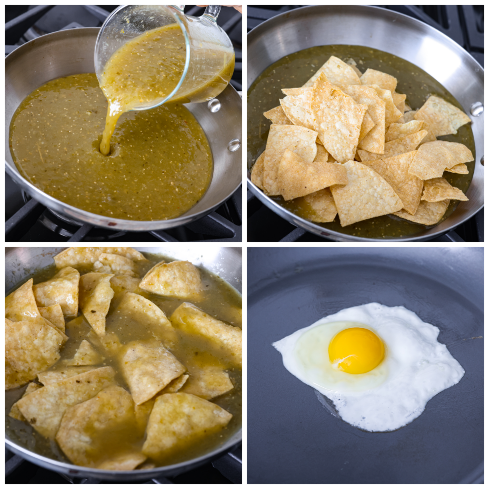 Fried tortilla chips drowning in salsa verde with your choice of toppings make this Chilaquiles recipe irresistible! Serve it with a fried egg and crema on top for a filling breakfast that is ready in minutes. You'll come back to this recipe again and again! Process photos that show the salsa being warmed in a pan, the tortilla chips being placed in the salsa, and an egg frying in a pan.