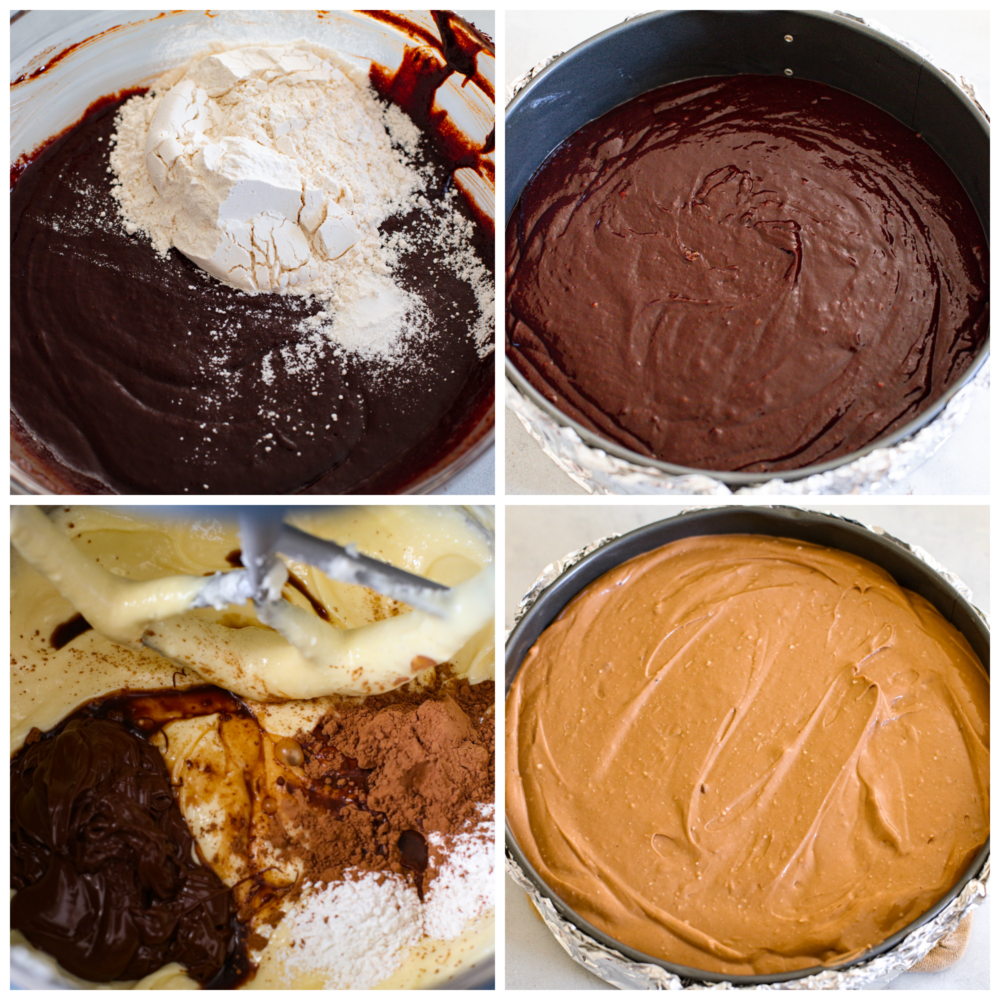 Chocolate brownie cheesecake - the ultimate cheesecake for chocolate lovers! It has a fudgy brownie bottom topped with a rich and creamy chocolate cheesecake, chocolate ganache, and whipped cream. 4-photo collage of brownie crust and chocolate cheesecake filing being prepared.