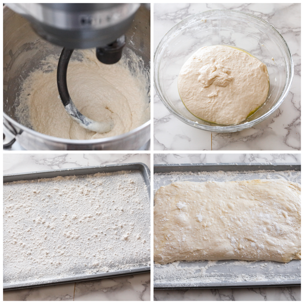 Make this classic Italian ciabatta bread recipe at home with just 4 simple ingredients! Crusty on the outside, and perfectly chewy on the inside, this bread is delicious for sandwiches, served with soup, or simply toasted. First photo is the dough in a stand mixer with the dough hook. Second photo is the dough rising in a glass bowl. Third photo is the floured prepared baking sheet pan. Fourth photo is the dough formed on the prepared pan.