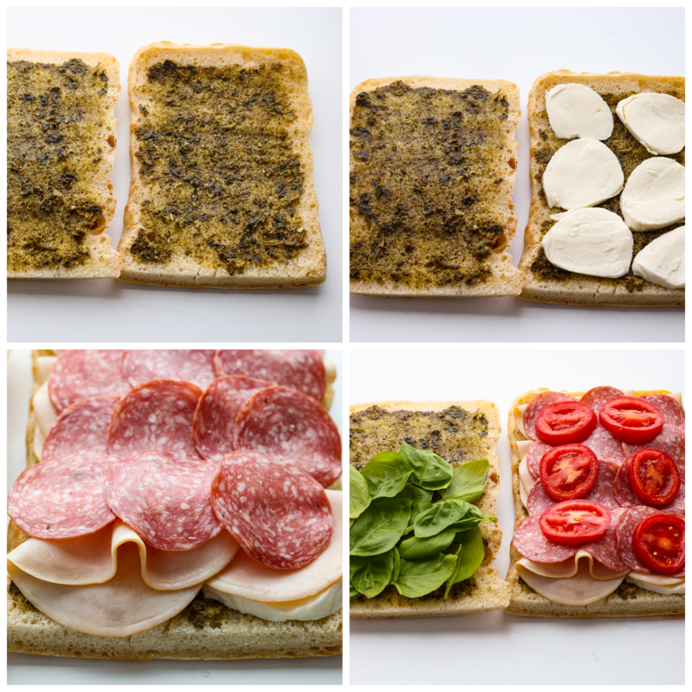 This Ciabatta Sandwich is a flavor packed and quick meal that is sure to satisfy! Fluffy and soft ciabatta bread is layered with quality deli turkey and salami on top of a bed of mozzarella and pesto for the perfect bite every time. Process photos showing pesto on two pieces of ciabatta, then mozzarella added, then turkey and salami, lastly the basil and tomato.