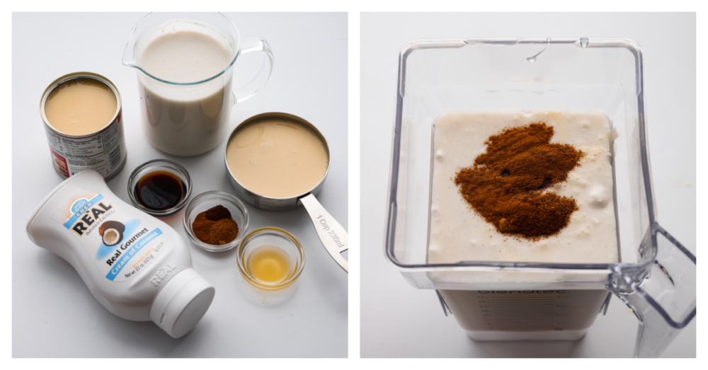 Coquito is a seasonal Puerto Rican drink that has coconut milk and cream with warm spices like cinnamon and nutmeg. Welcome in the holiday season with this unique and festive drink. It will become a new holiday tradition! Process photos showing all the ingredients sitting on the counter and then added to the blender.