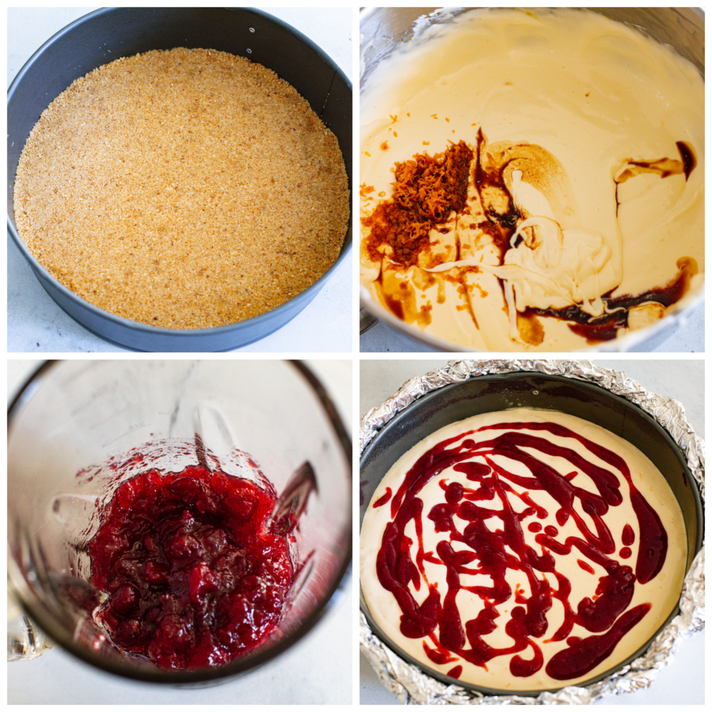 There is no better way to ring in the holidays than this Cranberry Orange Cheesecake. It's infused with a cranberry sauce that takes this dessert to another level, and is sure to be the talk of your party! Process photos showing graham cracker crust pressed in a springform pan, the batter being added on top, the cranberry sauce in the blender, and finally the cranberry sauce put on top of the cheesecake.