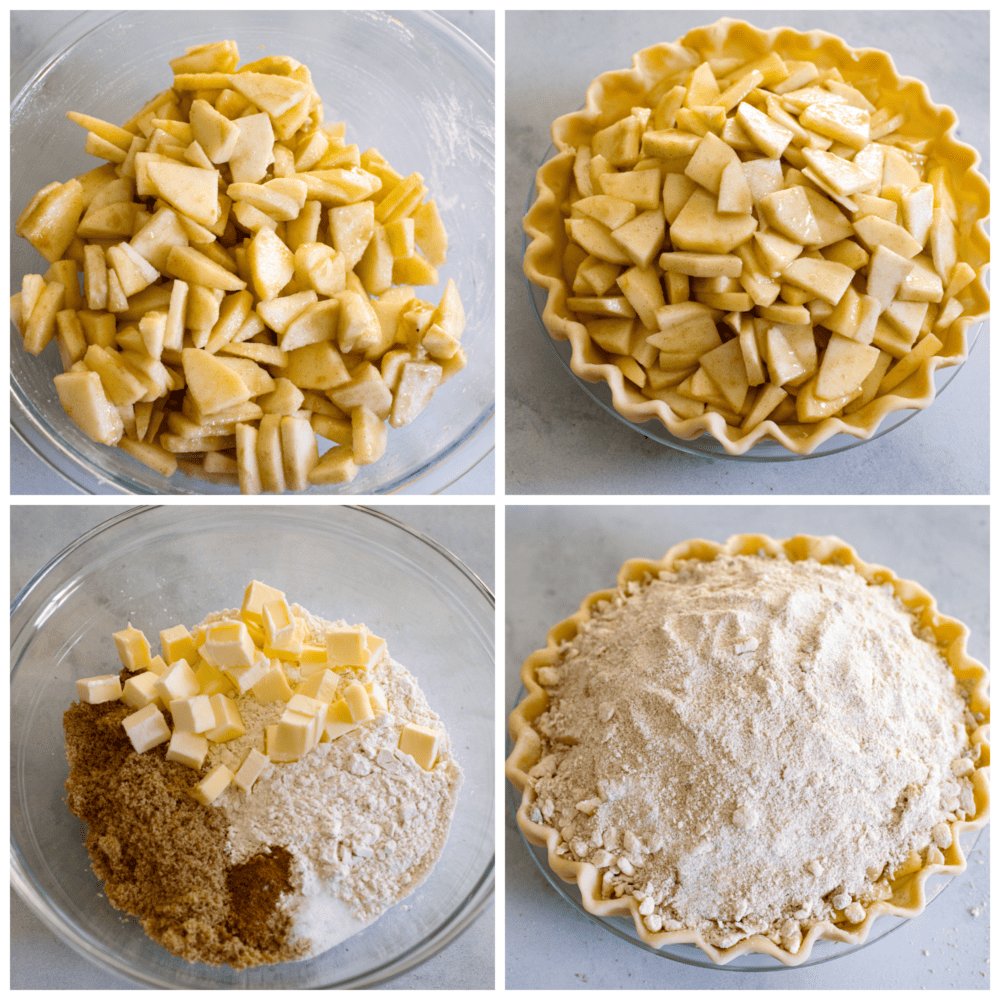 Dutch Apple Pie is the best version of apple pie! Instead of a top crust, you enjoy a sweet crumble topping over a mound of delicious apples. Everyone will agree that this is the best apple pie they've ever had. 4-photo collage of apple filling being added to a pie crust.