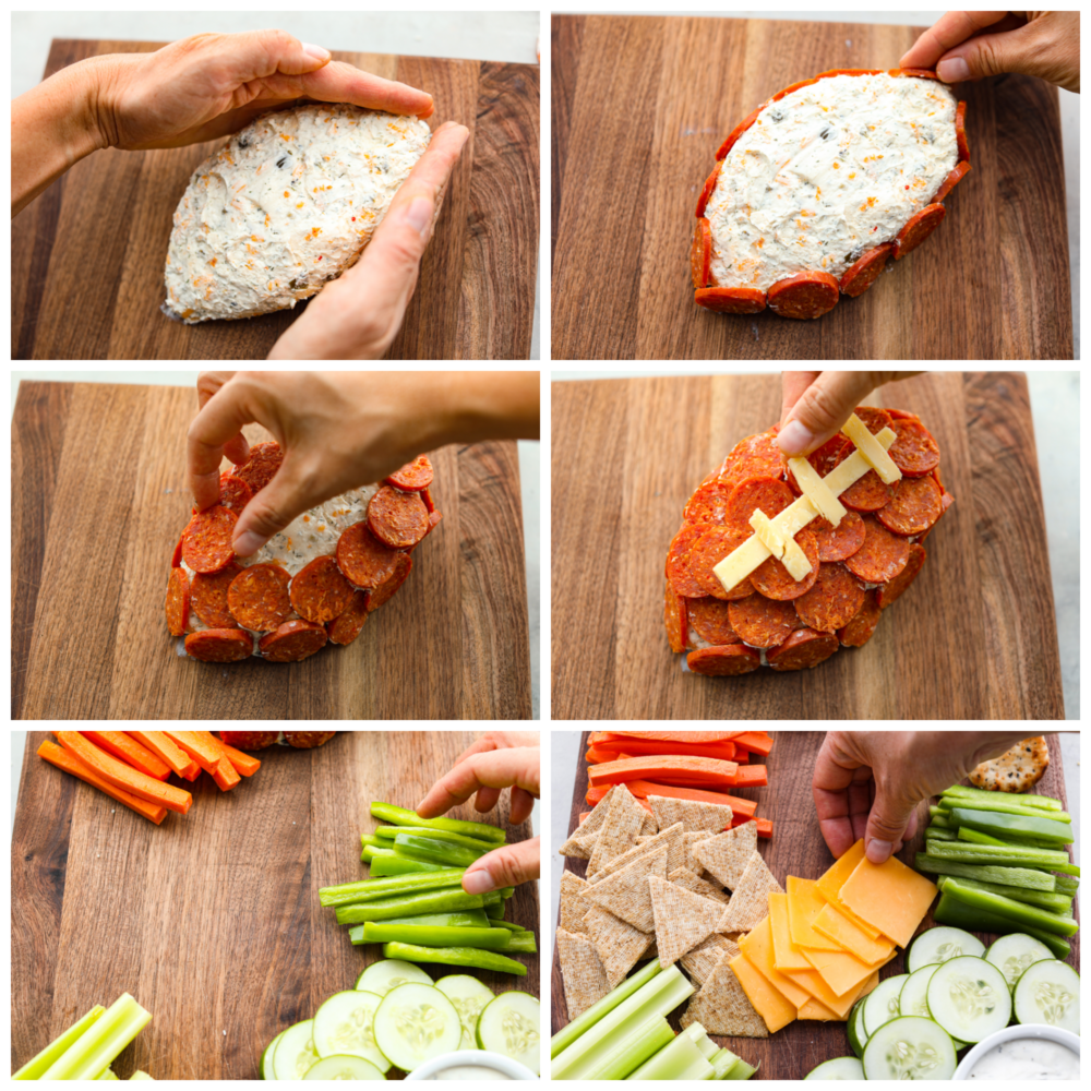 This football charcuterie board is perfect for any of your game day or tailgate parties! It's packed with all of the perfect finger food that everyone will love and you will be making this over and over during football season! 6 pictures showing how to make the football cheese ball and add the veggies, chips and cheese to the board.