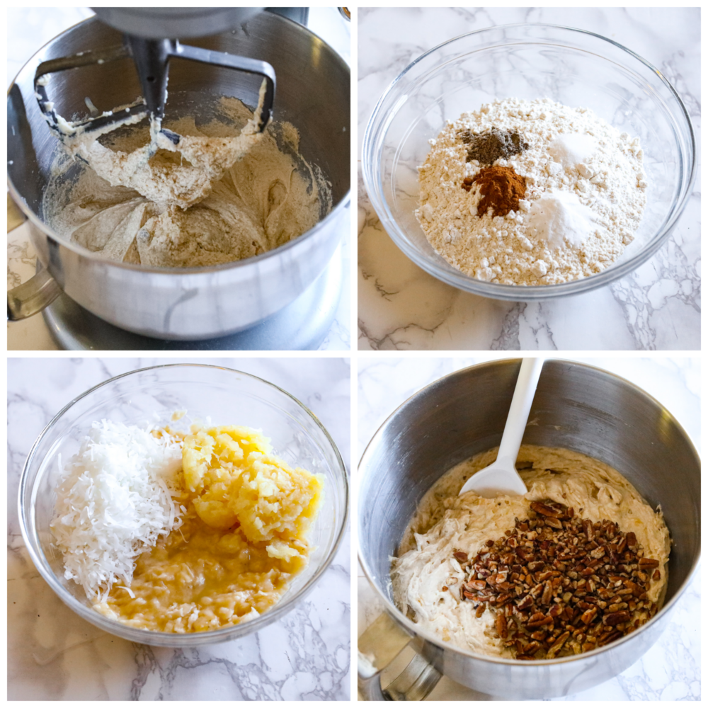A bite-sized take on a classic Southern dessert, these hummingbird cupcakes are sure to win your heart! Filled with pecans, chopped fruit, and topped with smooth cream cheese frosting, you won't be able to stop at one! 4-photo collage of cupcake batter being prepared.
