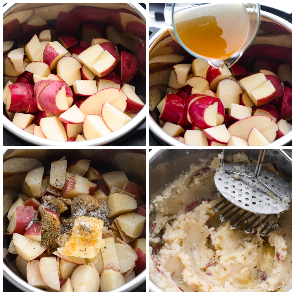 These Instant Pot mashed potatoes are an easy side dish for any holiday or weeknight dinner! They are creamy and flavorful and come together in just 15 minutes. 4-photo collage of chopped potatoes being added to an Instant Pot with chicken broth and various seasonings. They are then mashed until smooth.
