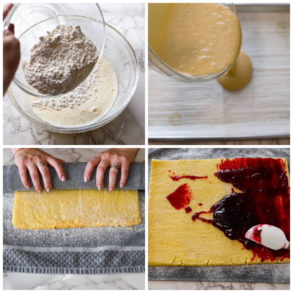 Jelly roll cake is a classic dessert that you need to make at least once! The chiffon cake is rolled with a delicious sweet jelly inside, and all of the flavors scream holiday cheer. You are going to love this easy-to-make dessert that looks stunning on the dinner table! Process photos showing the batter being made, poured onto a pan, rolled into a towel, and then jelly spread on the inside.