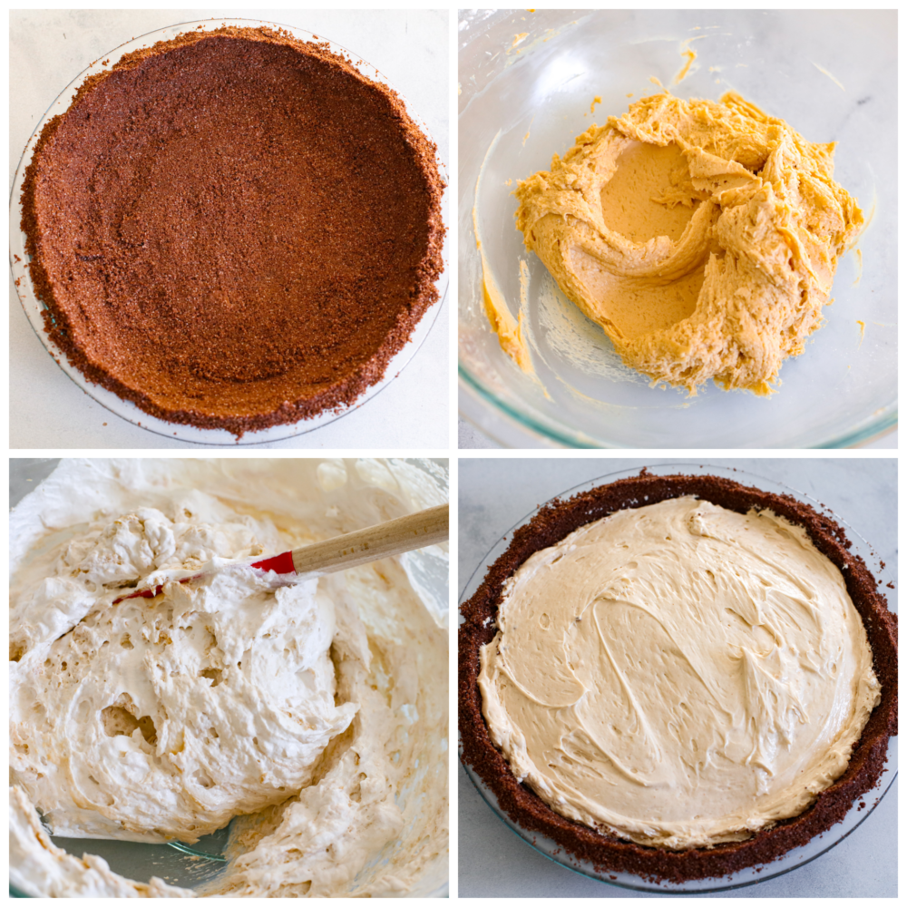No-bake cream cheese peanut butter pie is an easy and amazing no-bake pie! The filling is so creamy and delicious inside a sweet, buttery, chocolate graham cracker crust. This is perfect for your next gathering! 4-photo collage of pie filling being prepared.