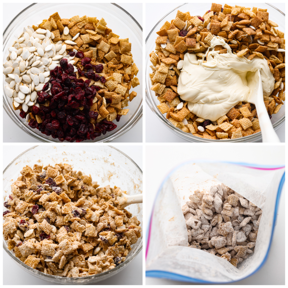 Prepare yourself for the best fall treat around- delicious pumpkin spice combined with one of the easiest treats on the planet - muddy buddies! The crunchy Chex Mix, chocolate, powdered sugar, and added cranberry and fall spices will make you want to finish the whole bowl. 4-photo collage of Chex Mix, chocolate, pumpkin spice, nuts, cranberries, and powdered sugar being tossed together in a Ziploc bag.