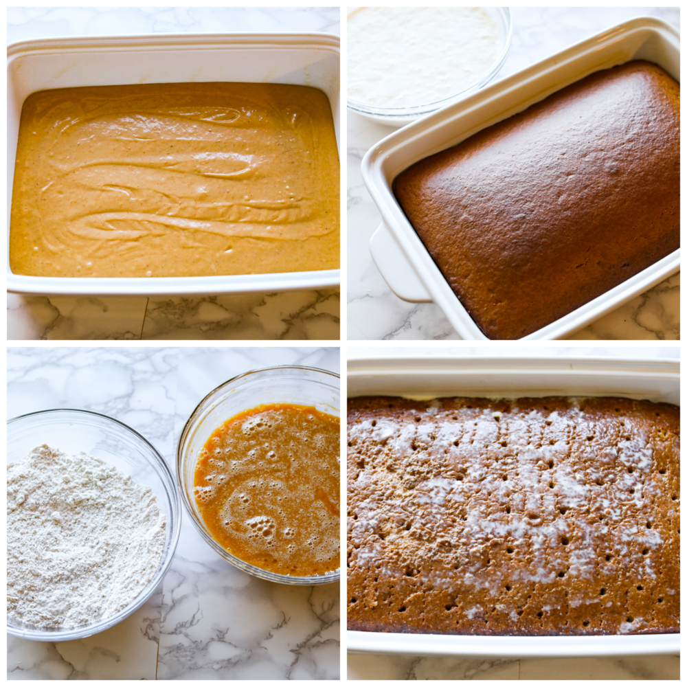 If youโre a fan of traditional tres leches, youโre going to absolutely LOVE this fall version! Soft, moist, and loaded with spiced pumpkin flavor, this pumpkin tres leches is the perfect dessert switch-up for the holidays! 4-photo collage of pumpkin cake being prepared.
