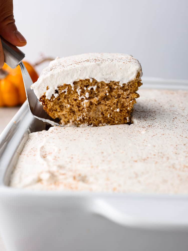 If youโre a fan of traditional tres leches, youโre going to absolutely LOVE this fall version! Soft, moist, and loaded with spiced pumpkin flavor, this pumpkin tres leches is the perfect dessert switch-up for the holidays! A slice of pumpkin tres leches being served with a cake spatula.