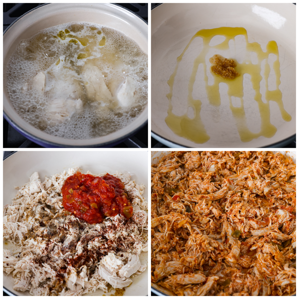 Shredded Chicken Tacos are a filling and flavorful dinner ready in just 10 minutes. The chicken is perfectly seasoned and served on a warmed tortilla topped with all of your favorite toppings. It's always a hit! Process photos showing chicken boiling in a pot, oil and seasonings in a pan, then chicken and additional seasonings being added to it, then the chicken done cooking in the pan.