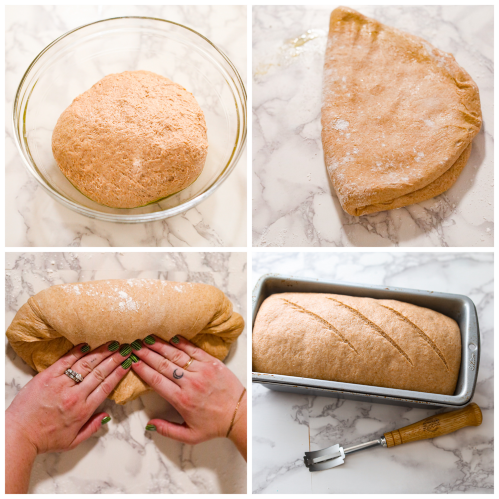 This Sprouted Wheat Bread is fluffy, moist, and full of rich flavor! If you are a skeptic of whole wheat bread because you've tried store-bought in the past, get ready to change your mind! I promise even picky eaters love the nutty flavor and soft texture of this homemade bread. Process photos showing dough rising in a bowl, dough folded in half, dough being kneaded by hands, and dough risen and scored in a bread pan.