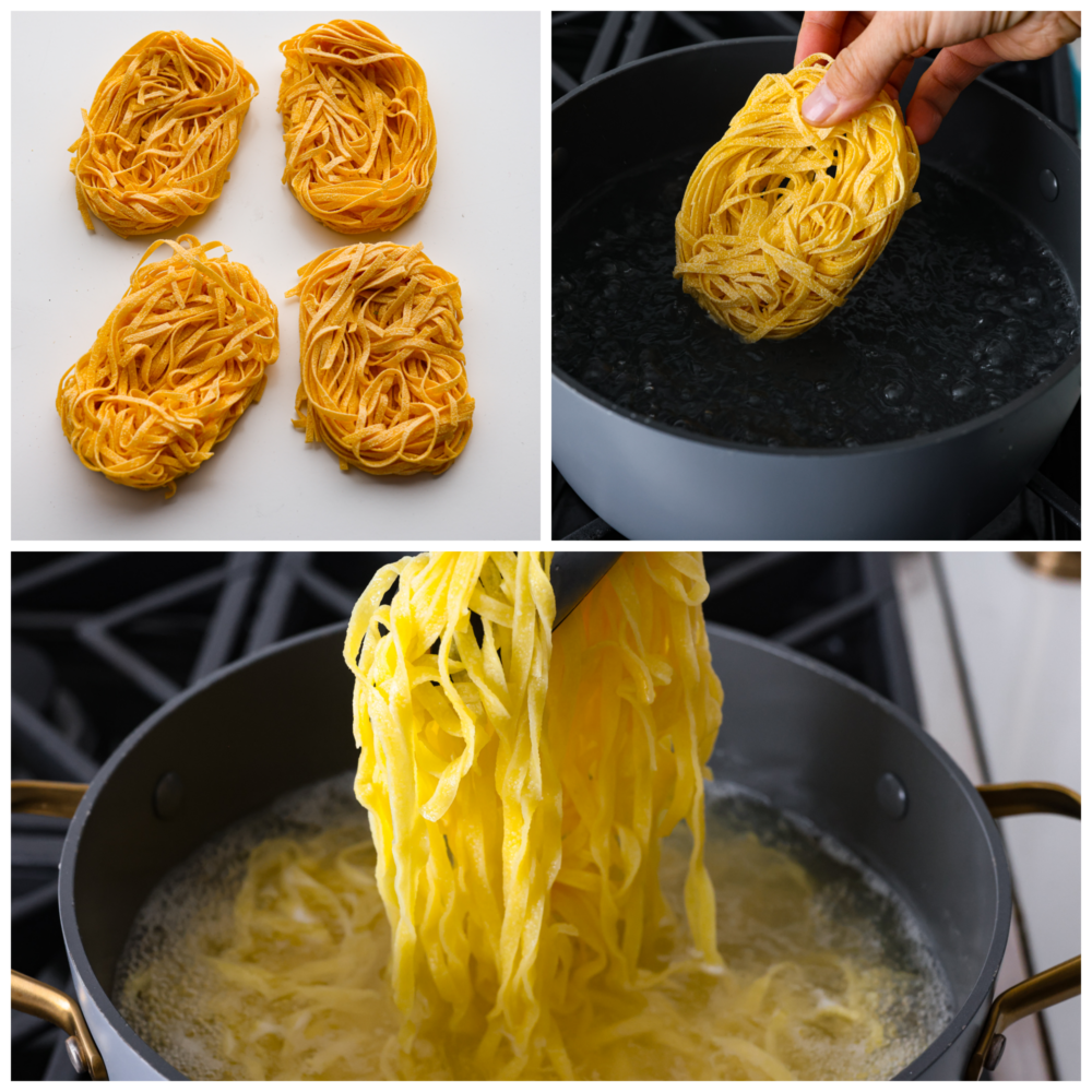 Tagliatelle pasta is thick, soft, and perfect for all of your homemade sauces! Here's how to cook it perfectly every time! 3-photo collage of tagliatelle pasta being cooked.