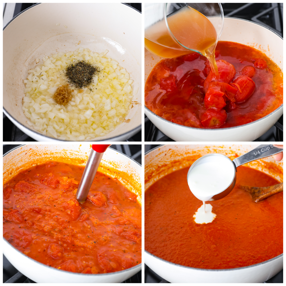 Tomato basil soup is a healthy classic that's simple to make from scratch and full of flavor! It only takes just over half an hour. The whole family will enjoy it as the temperatures drop and the evenings become crisper. 4-photo collage of tomato soup being prepared.