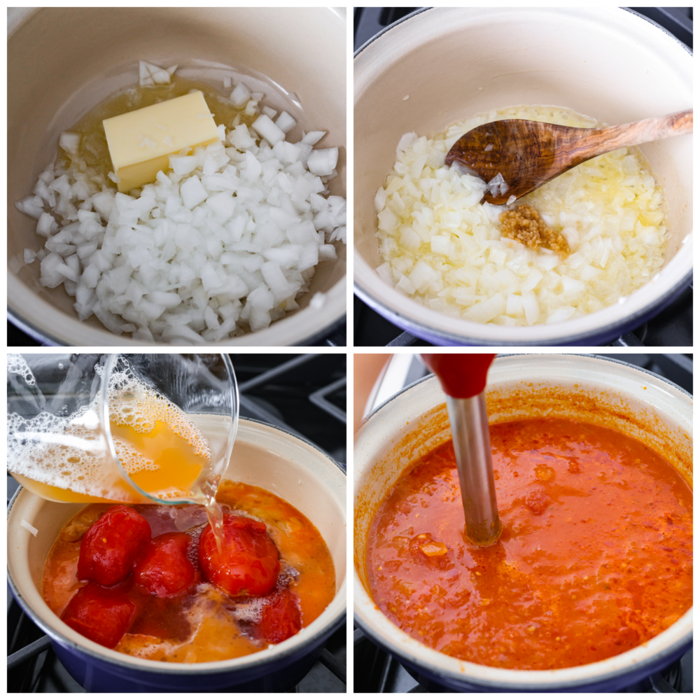 Homemade Tomato Soup is creamy, flavorful, and the ultimate fall dish. Ripe tomatoes flavored with garlic and onion are blended with chicken broth and cream to make the most flavorful homemade tomato soup you'll ever try! Process photos showing onions and butter in a pan, then garlic being added to it with a wooden spoon, then the tomatoes and broth are added, and the whole thing is blended with a boat motor.
