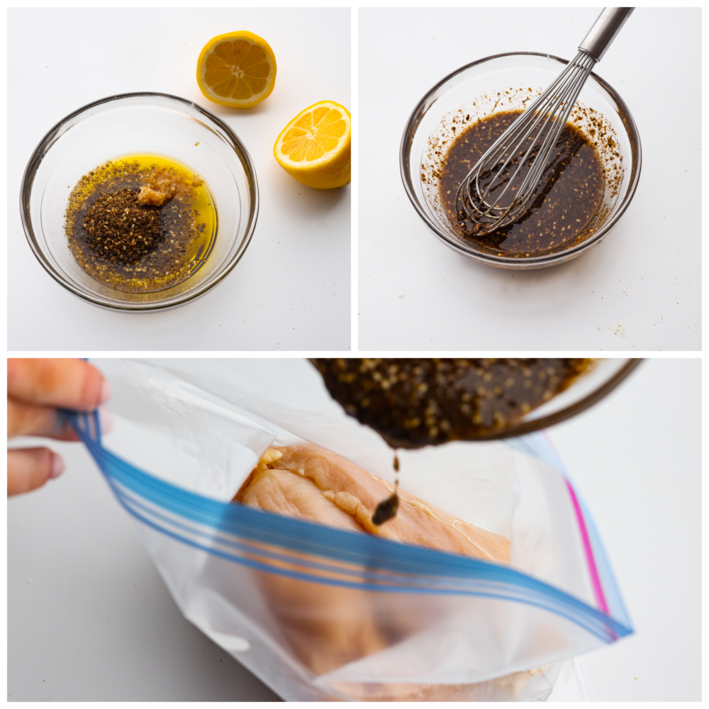 https://neuro-daily.report/zaatar-seasoning/ Process photos showing seasonings added to a glass bowl with olive oil, that mixture whisked, and then added to a plastic bag with the chicken in it.