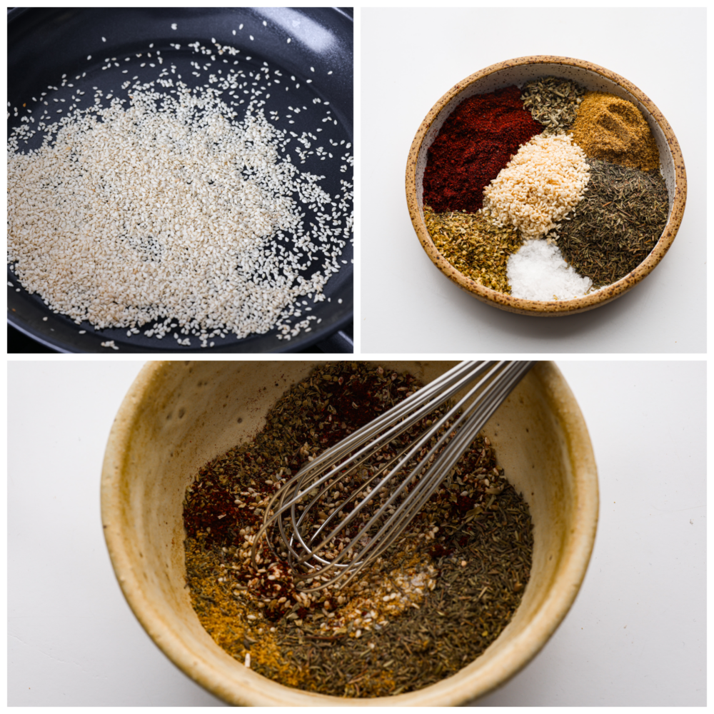 A traditional Middle Eastern spice, this Za'atar seasoning is herby, nutty, and savory. The sesame seeds give a little texture, and make this seasoning perfect for rubs, marinades, or as a topping on your hummus! Process photos showing sesame being toasted in a pan, the seasonings in a bowl before being mixed, and the final mix with a whisk in the bowl.