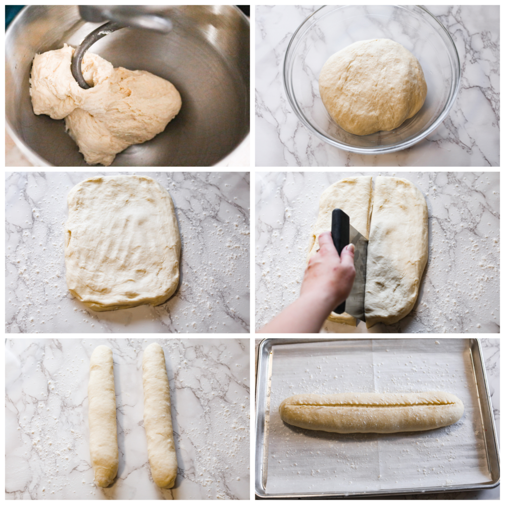 Cuban bread is a delightfully soft and fluffy bread that is shaped like a French baguette. It has a soft crust and the secret ingredient is lard which is what gives this bread great flavor and the perfect chew! Process photos showing the dough in a mixer, dough in a glass bowl, the dough spread out and divided, then shaped into two loaves and scored.
