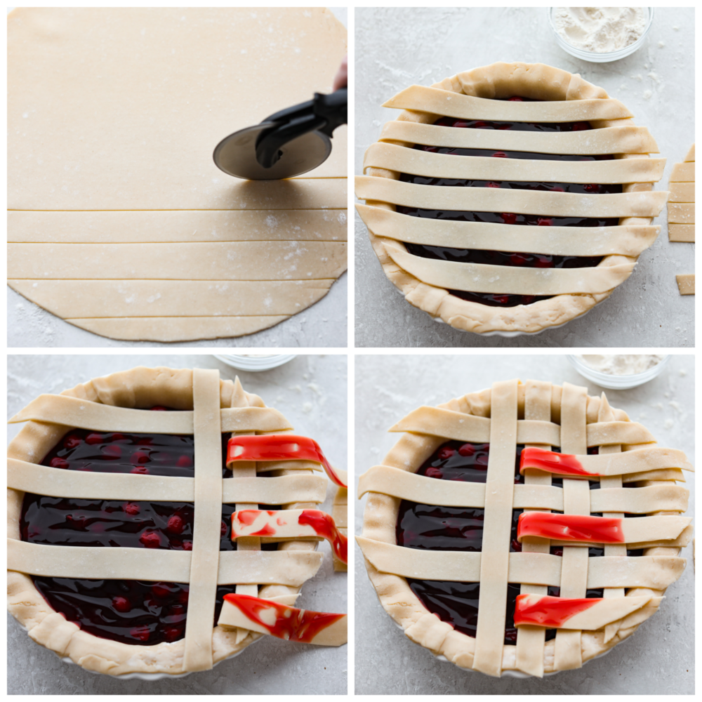 A Lattice Pie Crust is visually stunning and the perfect way to finish an apple or cherry pie. This recipe will teach you how to weave strips of dough into a beautiful topper for your favorite pie, and it's easier than you think! Process photos showing how to weave a pie crust into a lattice on top of a cherry pie.