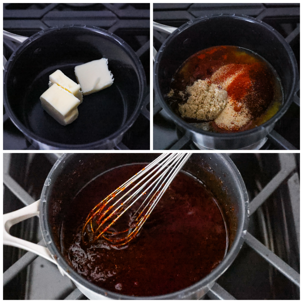 A classic Southern condiment, this Nashville hot sauce is the best for coating chicken in flavorful spice! It mixes up with just a few simple ingredients. You’re going to love having it on hand! Collage of sauce ingredients being mixed and cooked together.