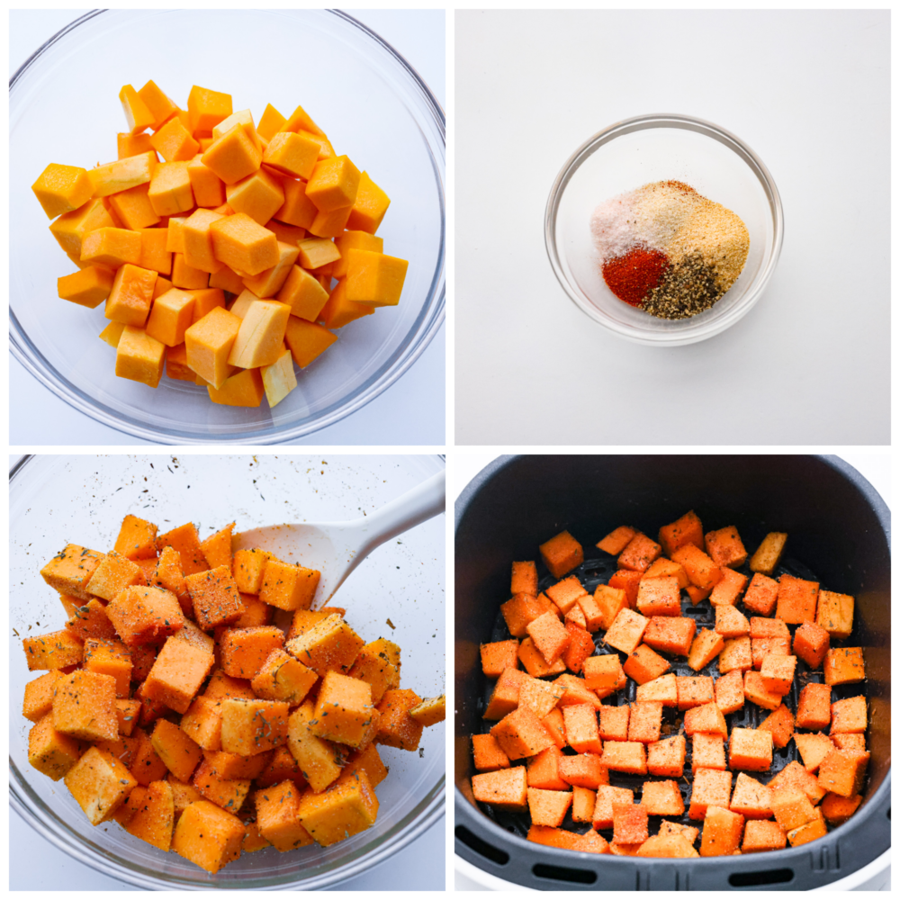 This easy air fryer butternut squash is tender and savory and makes the BEST side dish to any meal! Seasoned with delicious spices the air fryer cooks this squash to perfection. First photo of cubed squash in a large clear bowl. Second photo of spices in a small bowl. Third photo of squash mixed with spices. Fourth photo of seasoned squash layered in the air fryer.
