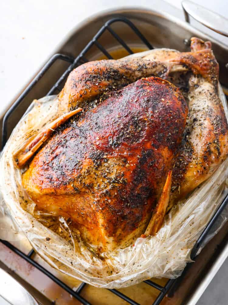 Thanksgiving dinner is made easy with this incredibly moist and perfectly cooked turkey in a bag. The oven-safe roasting bag creates a tender and golden turkey with just a few simple steps making this the BEST way to cook a turkey. Top view photo of Golden roasted turkey sitting in the roasting pan.