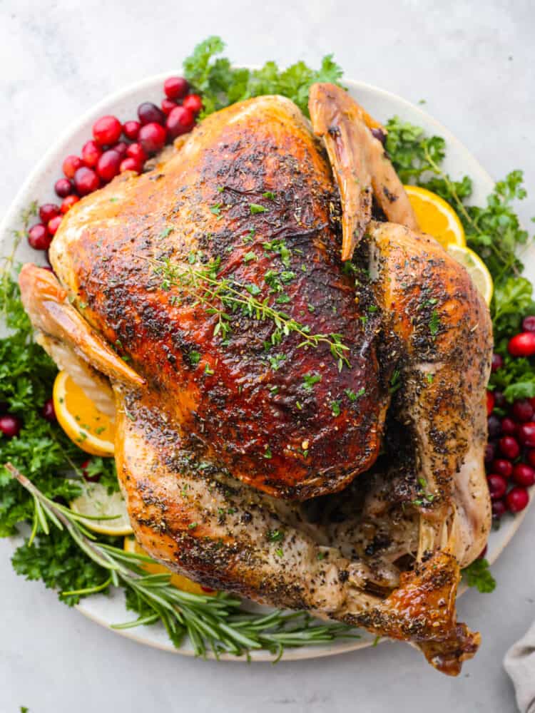 Thanksgiving dinner is made easy with this incredibly moist and perfectly cooked turkey in a bag. The oven-safe roasting bag creates a tender and golden turkey with just a few simple steps making this the BEST way to cook a turkey. Close up view of turkey on a platter with herbs, citrus, and cranberries.