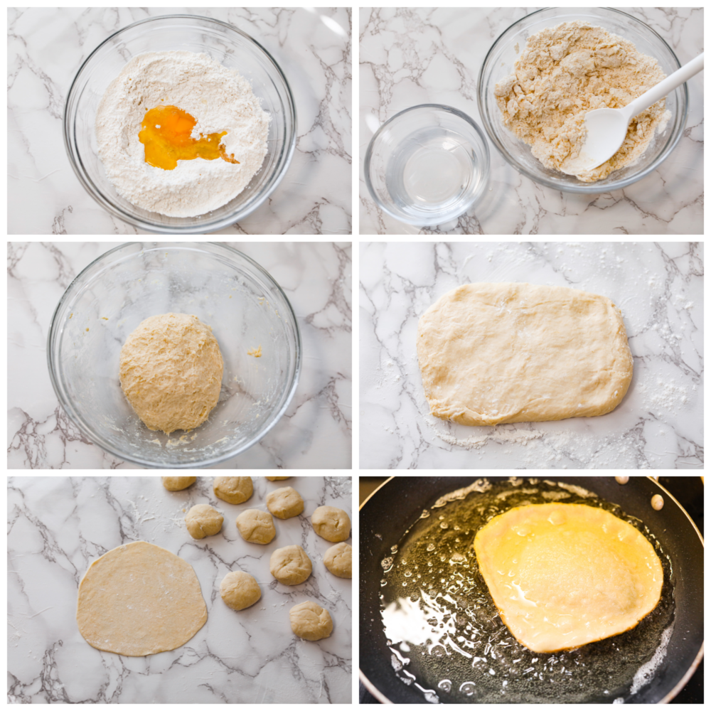 A Latin American holiday staple, Buñuelos are a donut-like dessert covered in cinnamon sugar! They’re light and airy with a golden, crispy shell. The whole family is going to love them! 6-photo collage of dough being prepared and fried.
