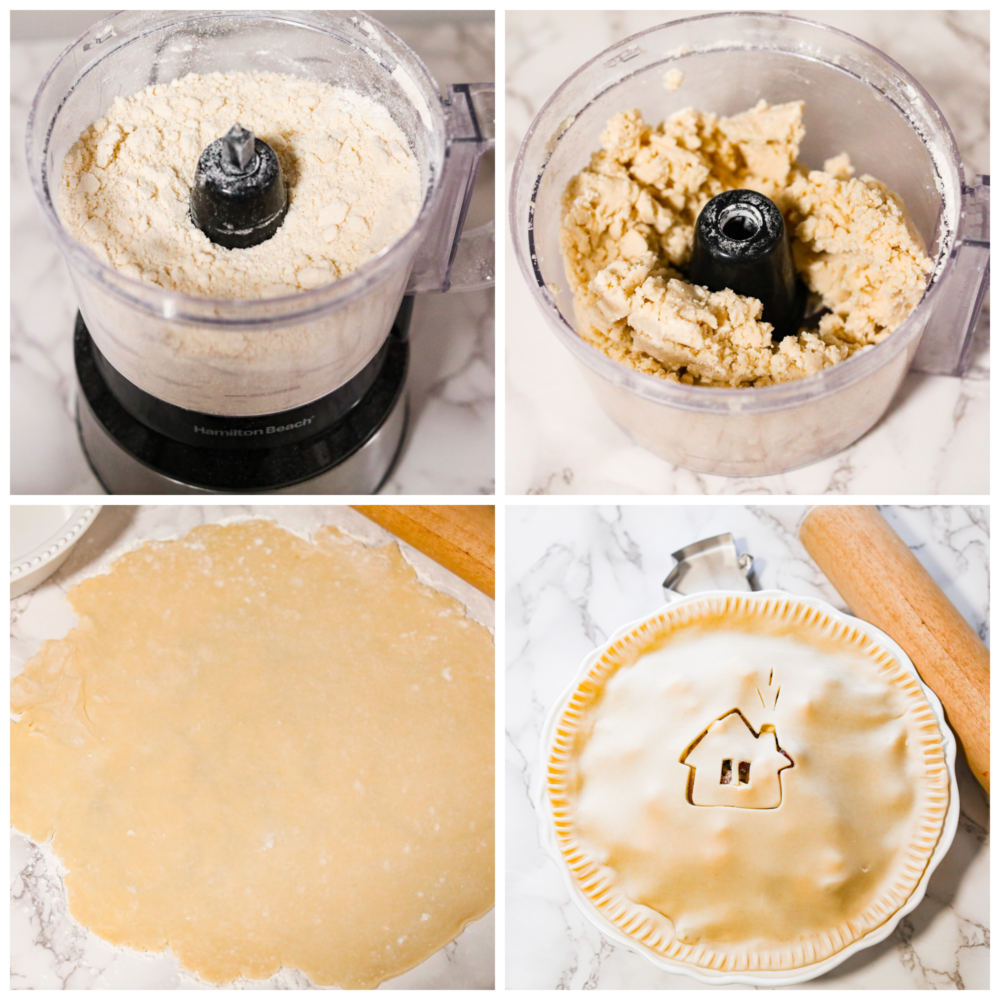 This Butter Pie Crust is the most tender and flaky crust you'll ever make! It's made from just four ingredients and will make the perfect base for all of your pies this holiday season. Process photos showing the ingredients being pulsed in a food processor, then rolled out and pressed into a pie pan with a double crust and the cut out of a house.