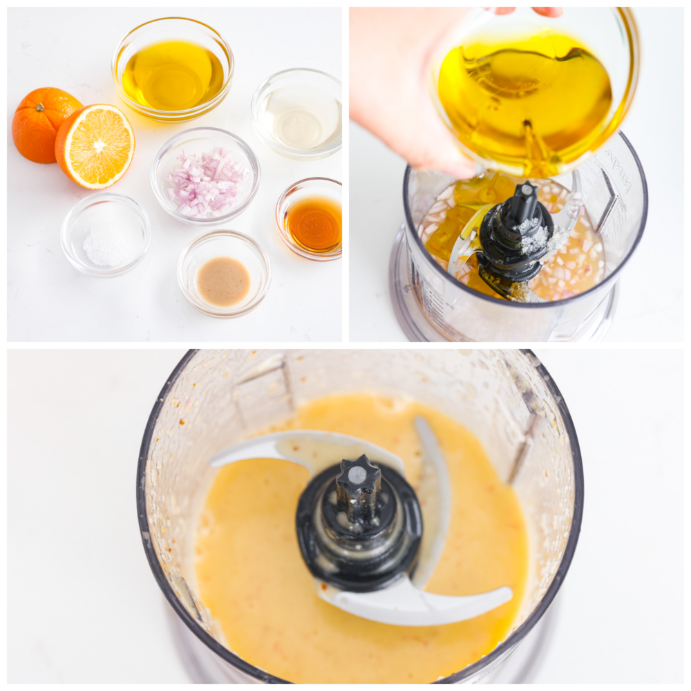 Champagne vinaigrette is a simple and elegant way to finish off any salad. It is tangy and sweet, and the champagne vinegar and orange juice adds the perfect flavor to your meal. It comes together in just 5 minutes and lasts a month in the fridge! Process photos showing all of the ingredients prepared, and then added to a food processor and blended.
