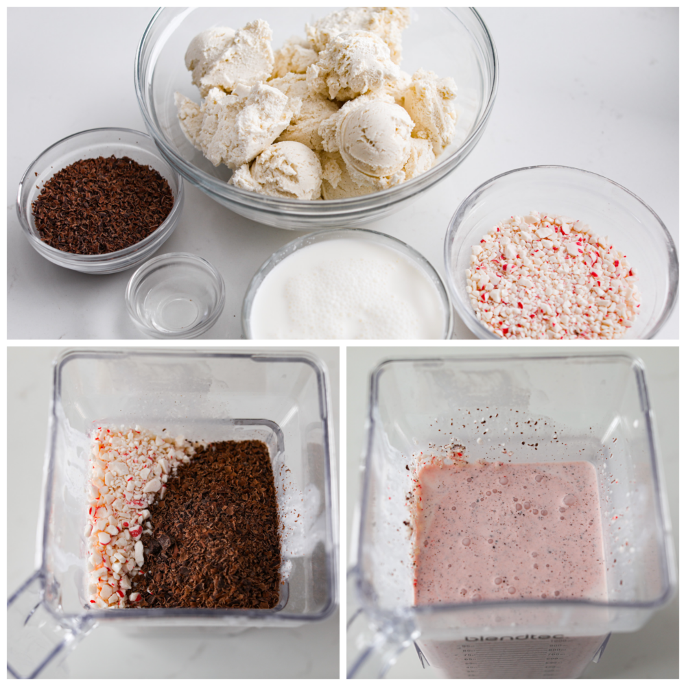 Chick-fil-A peppermint milkshakes are one of the best things about the holiday season, but they're always gone too soon! Here's how you can make this delicious peppermint shake at home with just a few simple ingredients. 3-photo collage of ingredients being added to a blender.