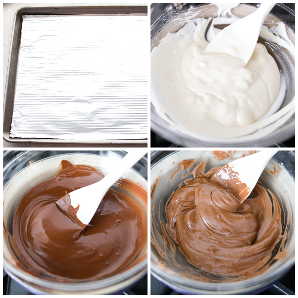 This delicious Chocolate Bark made withย Reynolds Wrapยฎ Heavy Duty Foilย will be the tastiest and simplest dessert you make all holiday season! It's quick and easy, and your entire family will go crazy over it! 4 bowls showing how to melt chocolate and line a baking sheet with foil.