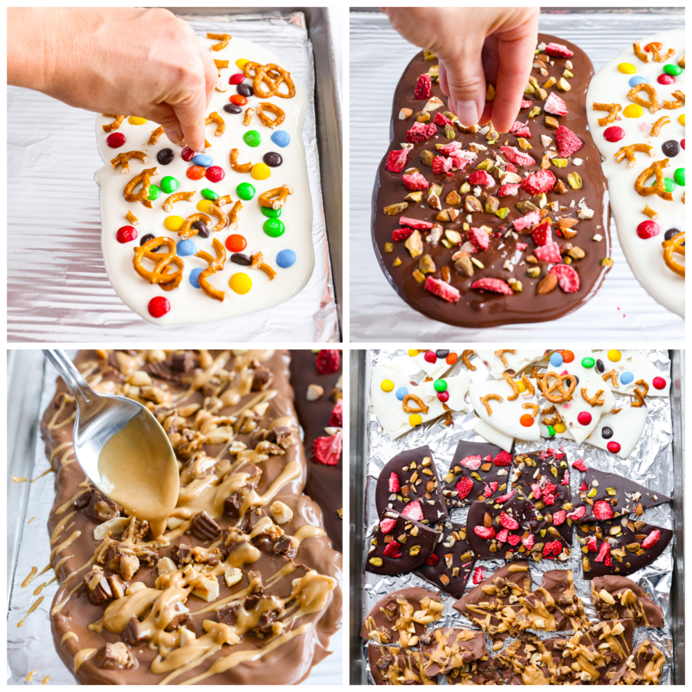 This delicious Chocolate Bark made withย Reynolds Wrapยฎ Heavy Duty Foilย will be the tastiest and simplest dessert you make all holiday season! It's quick and easy, and your entire family will go crazy over it! 4 pictures showing how to add toppings to melted chocolate.