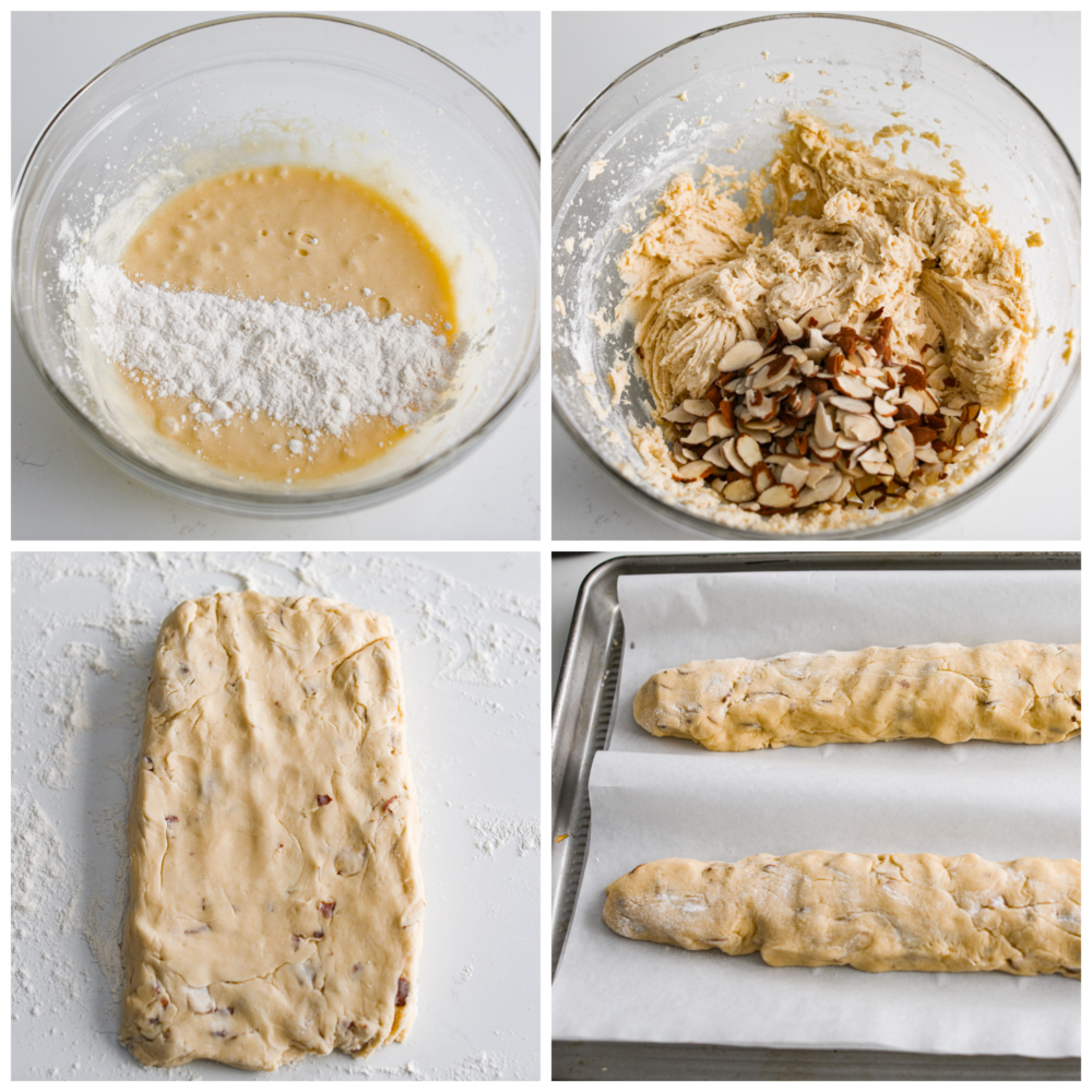 These Classic Biscotti are crispy and crunchy and melt in your mouth with a little help from some hot cocoa or coffee. Dipped in dark chocolate and sprinkled with sliced almonds, this fun treat is perfect for sharing with friends on a cold day! Process photos showing the dough being made in a glass bowl, then shaped on a floured counter and put on parchment on a baking sheet.