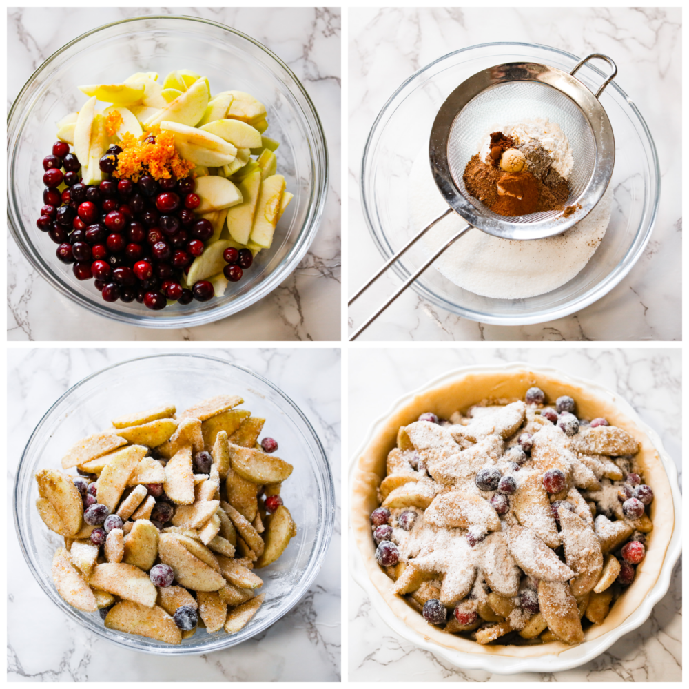 Prepare your Thanksgiving table because this cranberry apple pie is the best addition to the dinner lineup! Itโs delightfully juicy and the best combination of tart and sweet! 4-photo collage of pie filling being mixed together and added to a pie crust.