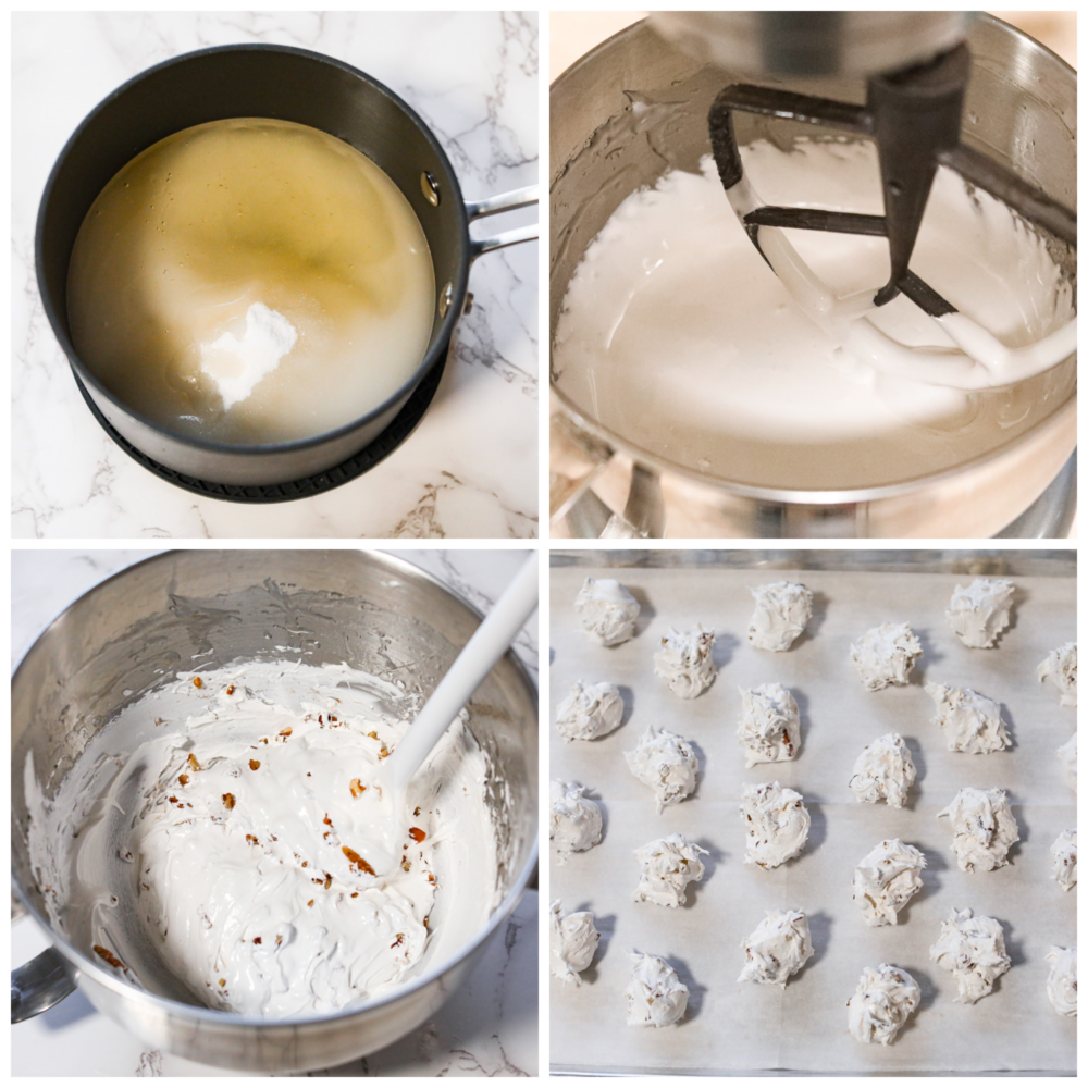 Divinity candy is an old fashioned Southern confection made from egg whites, corn syrup, and sugar. You will love the sweet soft texture of this classic holiday treat that is perfect for sharing with friends and neighbors. First photo is the ingredients in a saucepan. Second photo is the egg whites being whipped in the stand mixer. Third photo is the pecans added to the divinity batter. Fourth photo is the drops of divinity candy on a baking sheet pan.