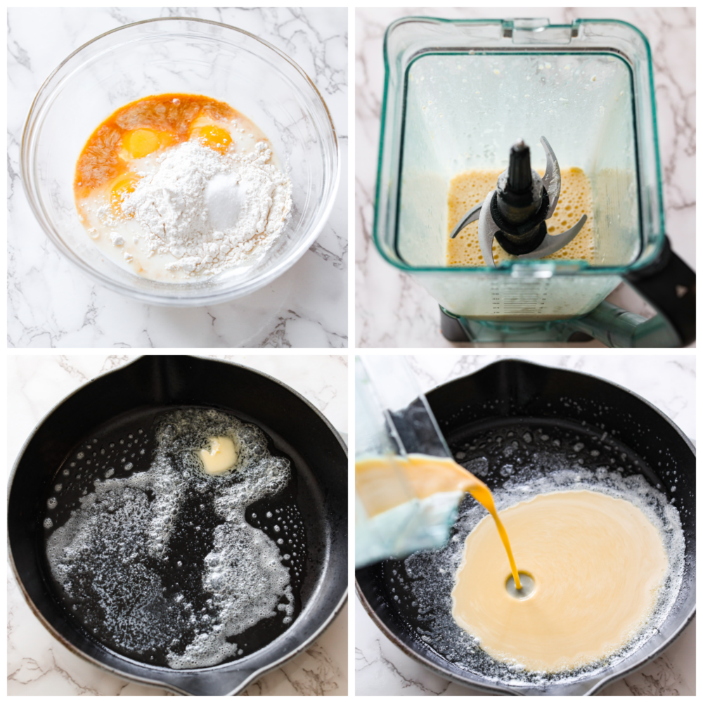 Light, fluffy, and deliciously oversized, this Dutch baby pancake is sure to please at the breakfast table! Add all of your favorite pancake toppings for a tasty treat the whole family will go crazy over. 4-photo collage of skillet and batter being prepared.