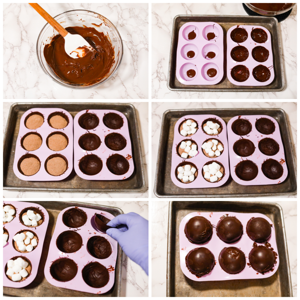 Once you try making hot chocolate with hot chocolate bombs, you’ll never go back. Your hot chocolate will turn out creamy, rich, and packed with deep chocolatey flavor every time! These are great for gift-giving or enjoying on a chilly evening with the family. 6-photo collage of hot cocoa bombs being prepared.
