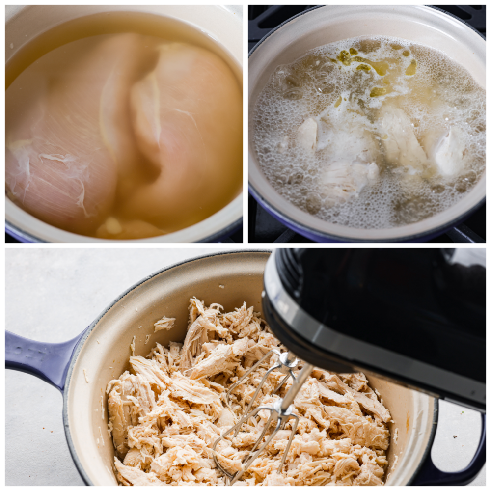 Boiled chicken makes meal prep a breeze and is the perfect way to get tender juicy chicken. This method of cooking chicken is fast and easy to shred and use in so many recipes like salads, soups, and casseroles. First process photo is the chicken broth and chicken breasts added to a a pot. Second process photo is the chicken boiling. Third process photo is the chicken being shredded with a hand mixer.