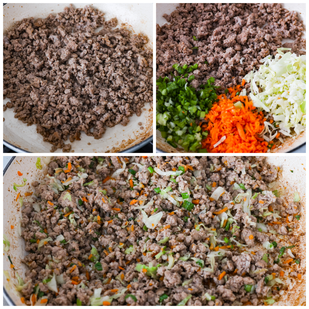 Lumpia is a delicious savory fried roll filled with ground pork, carrots, and cabbage. Traditionally found in the Philippines, lumpia is a perfect appetizer that is crispy and golden and served with dipping sauce on the side. First photo of cooked ground pork in a pan. Second photo of onions, carrots, and cabbage added to the meat. Third photo of the meat mixture in a pan.