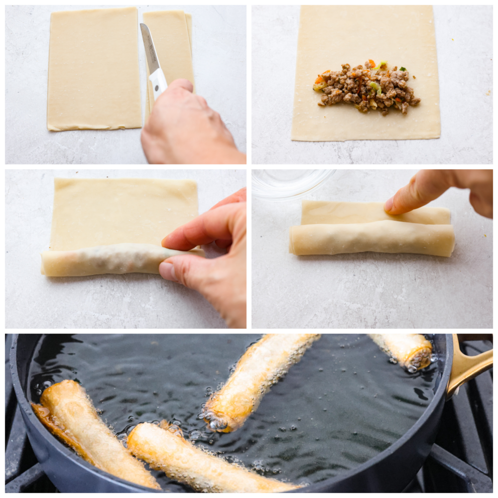 Lumpia is a delicious savory fried roll filled with ground pork, carrots, and cabbage. Traditionally found in the Philippines, lumpia is a perfect appetizer that is crispy and golden and served with dipping sauce on the side. First process photo of assembling lumpia by cutting the egg roll wrapper to a rectangular size. Second photo of meat added to the wrapper. Third photo of rolling the lumpia. Fourth photo of adding water to the edge to seal the wrapper. The fifth photo is a photo of lumpia frying.