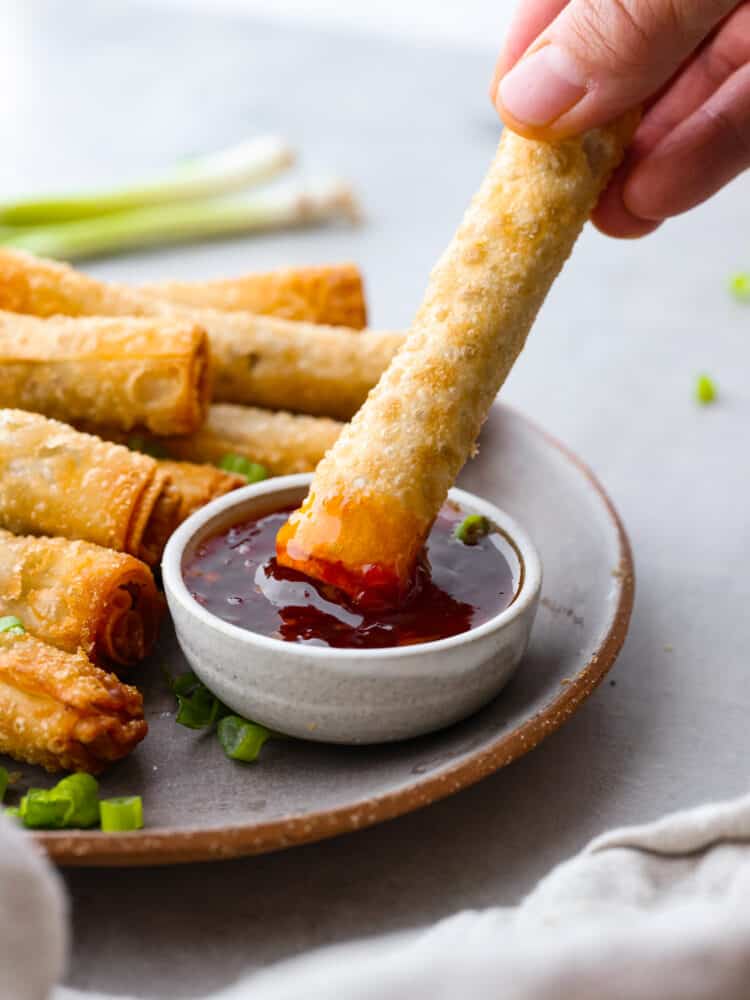 Lumpia is a delicious savory fried roll filled with ground pork, carrots, and cabbage. Traditionally found in the Philippines, lumpia is a perfect appetizer that is crispy and golden and served with dipping sauce on the side. Close view of lumpia on a gray plate with a side of dipping sauce. Sliced onions garnished on top.