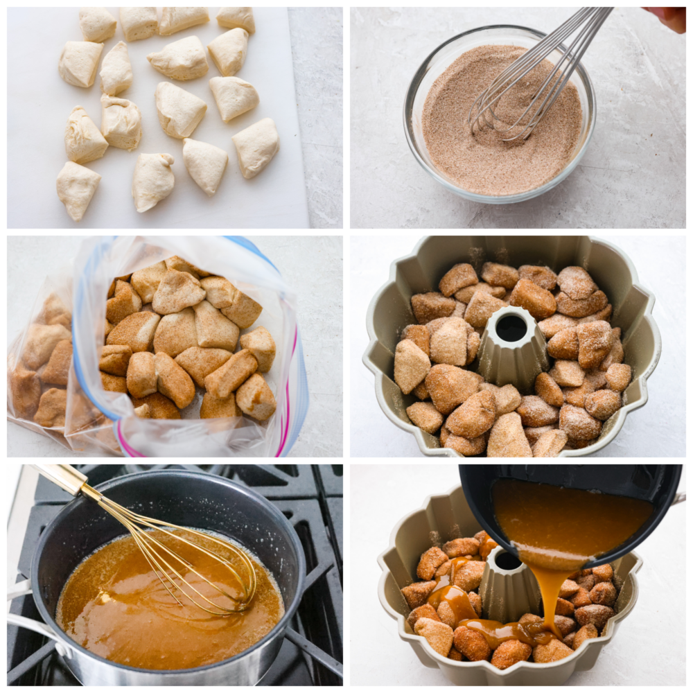 Soft and tender biscuits are covered in a gooey glaze with a sweet caramelized topping in this quick and easy monkey bread recipe! This decadent treat makes mornings or special events a little sweeter. Chopped biscuits coated in cinnamon sugar and then topped with a caramel glaze and added to a bundt pan.
