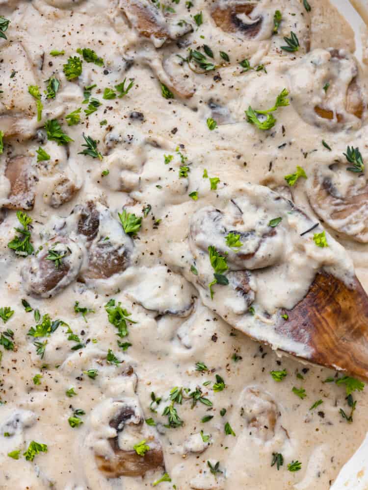 This 15-minute creamy mushroom sauce is so easy to make and packed with rich, savory flavor! Youโre going to love it over pasta and meat dishes! Closeup of mushroom sauce, garnished with fresh herbs.