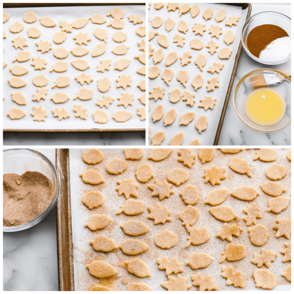 Turn leftover pie crust into perfect buttery and flakey pie crust cookies. Roll and shape using fun cookie cutters then simply sprinkle with sweet cinnamon and sugar.ย First photo of pie crust cookies cut out in shapes. Second photo of butter and sugar mixture next to the baking sheet of cookies. Third photo of pie crust cookies dusted with cinnamon and sugar.