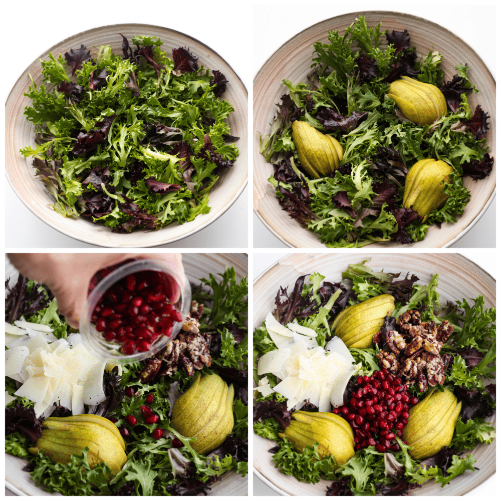 This pomegranate salad has just the right ingredients to go with any dish this holiday season! Packed with texture, different fruits, and delicious greens, you will be coming back for seconds (and probably even thirds)! 4 pictures showing how to add ingredients to a pomegranate salad.
