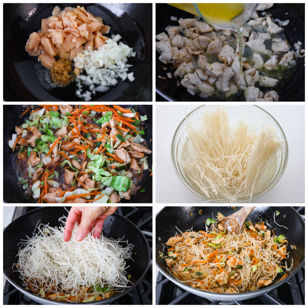 Pancit is a traditional Filipino stir-fry made with tender chicken, carrots, cabbage, and thin pancit noodles. The delicate rice noodles and savory sauce have made this meal a favorite for generations. First photo is the chicken, garlic, and onion cooking in the wok. Second photo is the bullion mixture being poured into the wok. Third photo is the veggies added to the work. Fourth photo is the pancit noodles softening in a bowl of water. Fifth photo are the pancit noodles being added to the wok. Sixth photo is pancit noodles mixed together in the wok.